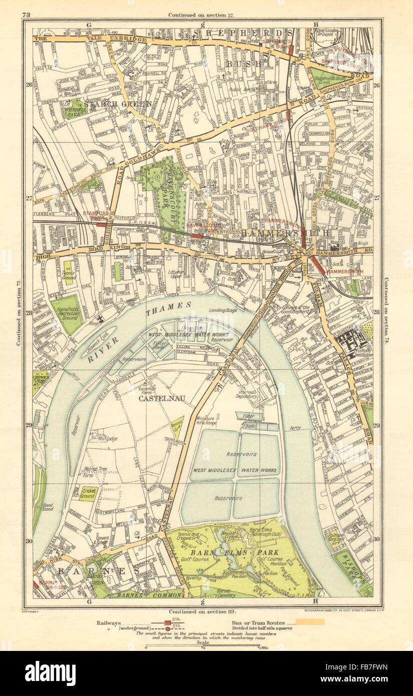 HAMMERSMITH: Barnes, Shepherds Bush, Fulham, Castlenau, Starch Green, 1923 map Stock Photo