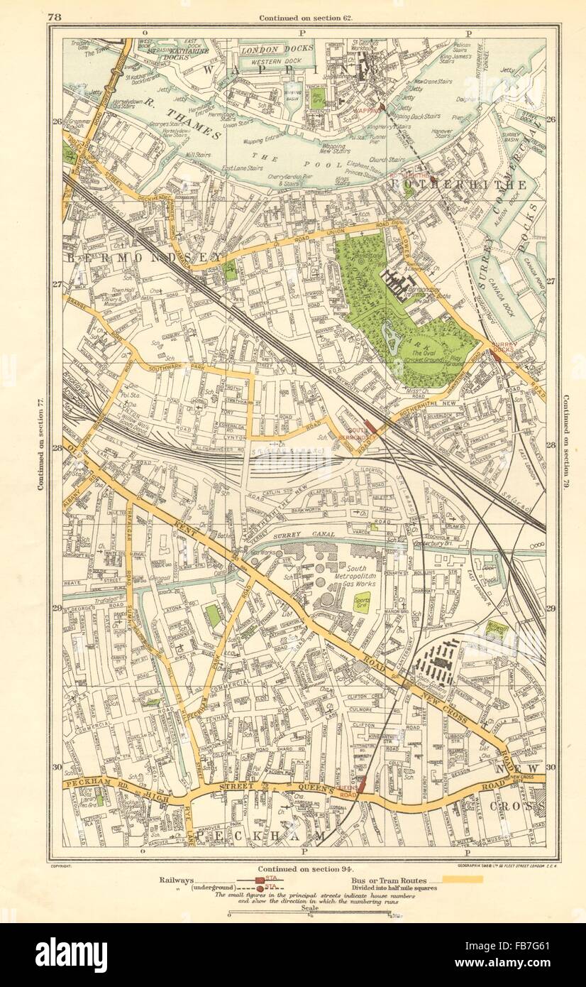 LONDON: Bermondsey, Peckham, Rotherhithe, Wapping, Surrey Docks, 1923 old map Stock Photo
