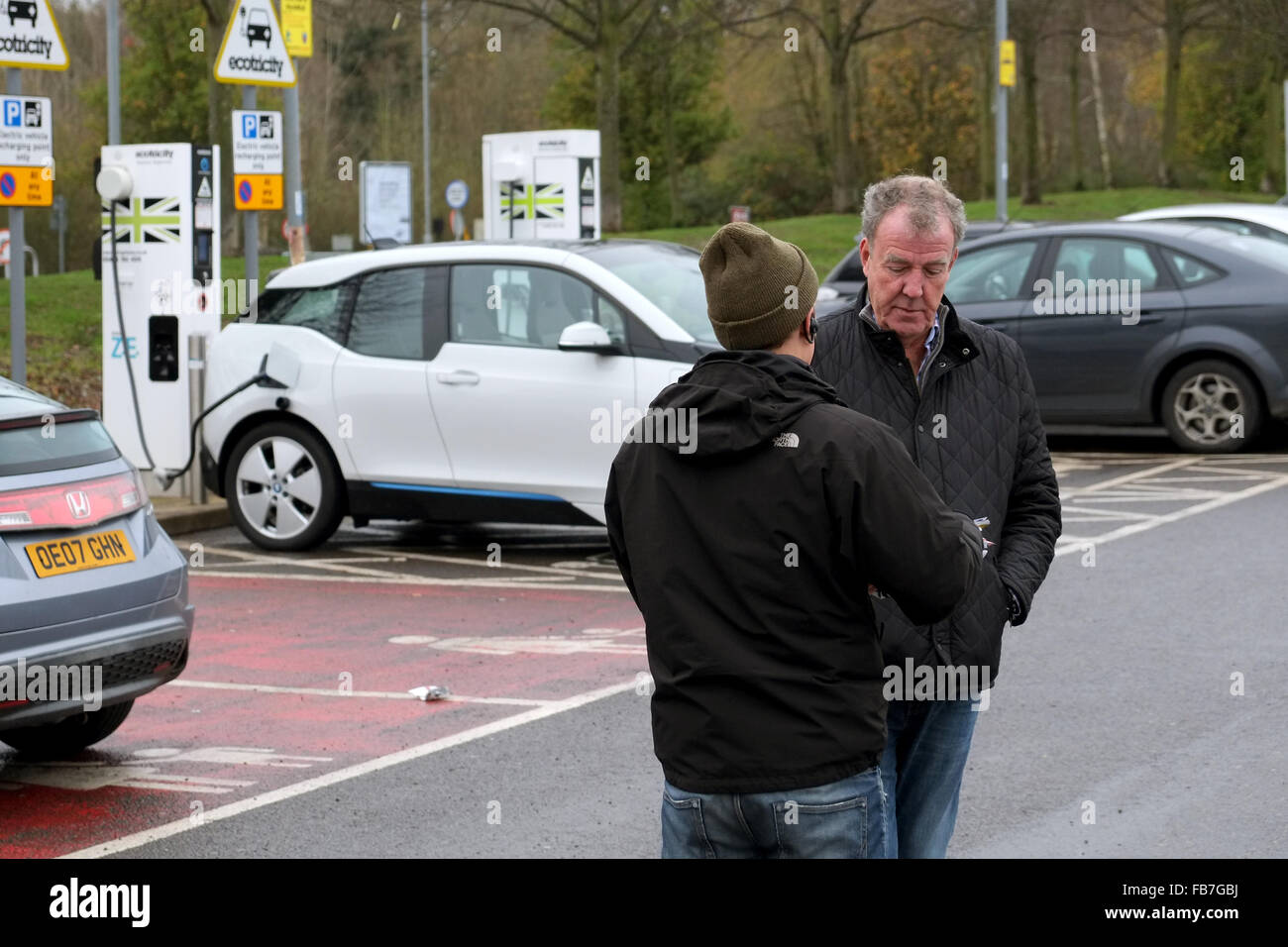 Jeremy Clarkson &  Producer filming at Reading Service Station, England, on 24th November 2015, for the new Amazon Prime show. Stock Photo