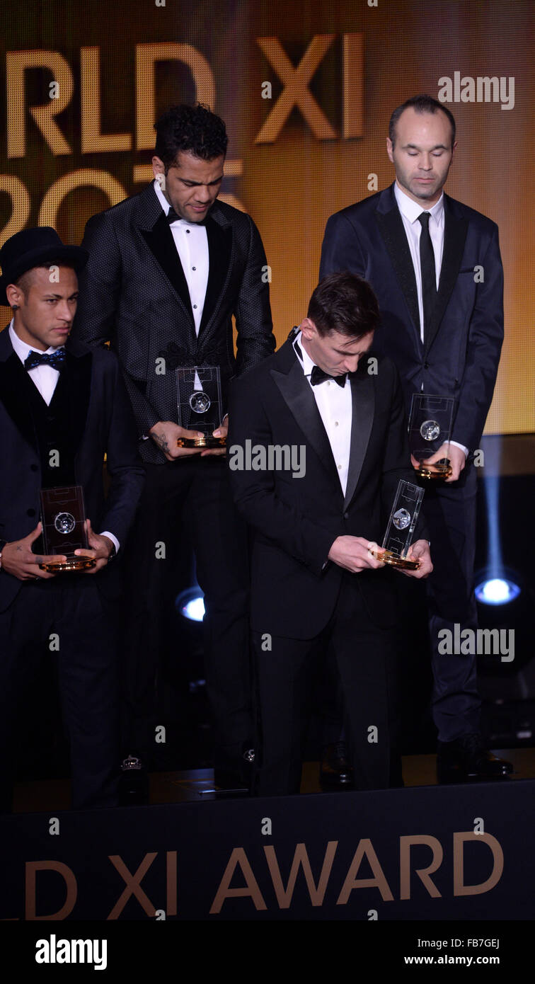 Zurich, Switzerland. 11th Jan, 2016. The FIFA/FIFPro World XI team for 2015 with Brazil's Neymar, Brazil's Dani Alves, Argentina's Lionel Messi and Spain's Andres Iniesta, from left, pose on stage after receiving their awards the FIFA Ballon d'Or Gala 2015 held at the Kongresshaus in Zurich, Switzerland, 11 January 2016. Photo: Patrick Seeger/dpa/Alamy Live News Stock Photo
