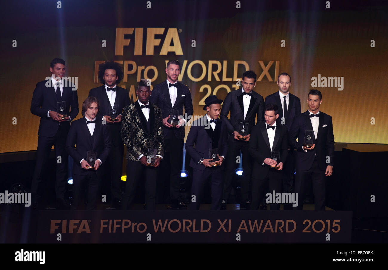 Zurich, Switzerland. 11th Jan, 2016. The FIFA/FIFPro World XI team for 2015 with Brazil's Thiago Silva, Croatia's Luka Modric, Brazil's Marcelo, France's Paul Pogba, Spain's Sergio Ramos, Brazil's Neymar, Brazil's Dani Alves, Argentina's Lionel Messi, Spain's Andres Iniesta and Portugal's Cristiano Ronaldo, from left, pose on stage after receiving their awards the FIFA Ballon d'Or Gala 2015 held at the Kongresshaus in Zurich, Switzerland, 11 January 2016. Photo: Patrick Seeger/dpa/Alamy Live News Stock Photo