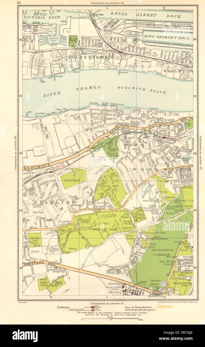 LONDON: Charlton, Greenwich, Silvertown, Woolwich Dockyard, 1923 vintage map Stock Photo