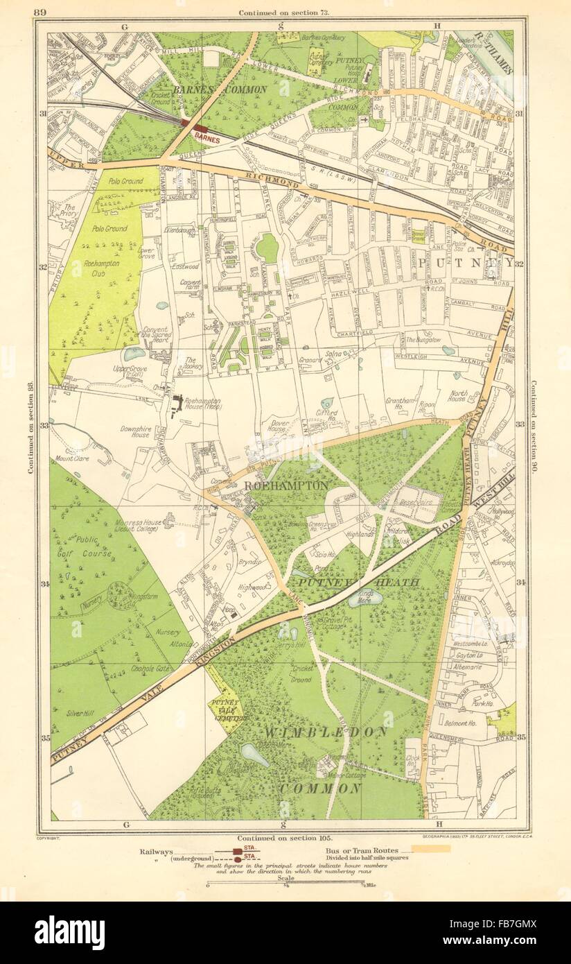 LONDON: Putney Vale,Roehampton,Barnes,Roehampton Park,Barnes Common, 1923 map Stock Photo