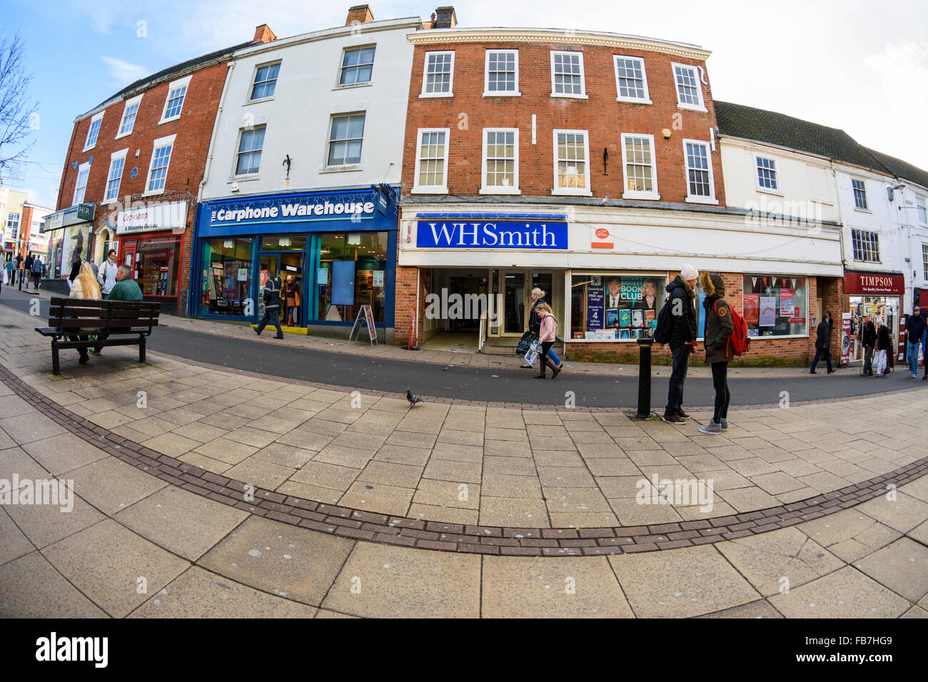 Fisheye view of the shops halfway along Castle Street in Hinckley Stock Photo