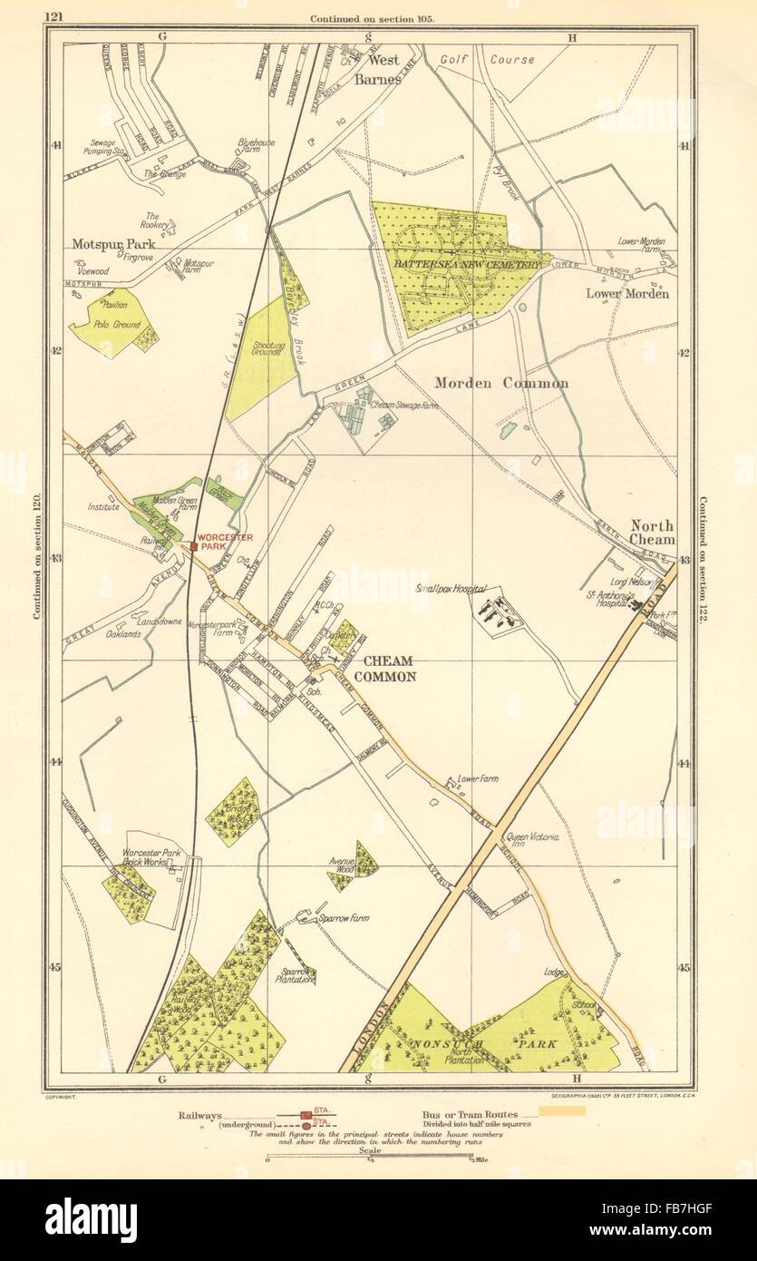 CHEAM: Stoneleigh; Worcester, Morden Common, Motspur Park,West Barnes, 1923 map Stock Photo