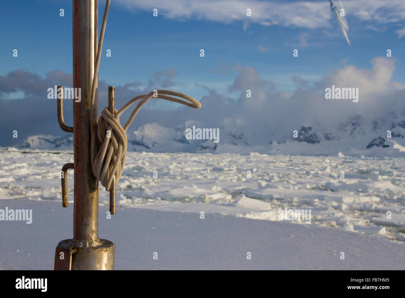 Nautical knots on ship bow cruising through ice field in Antarctica. Stock Photo