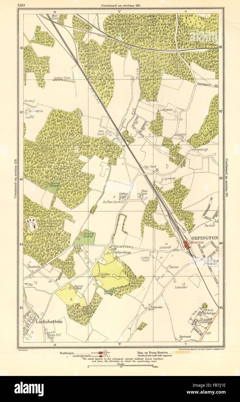 PETT'S WOOD: Orpington, Locksbottom, Crofton, Southborough, 1923 vintage map Stock Photo