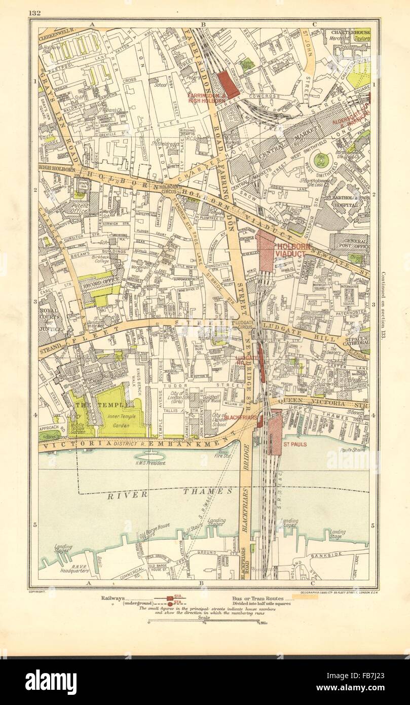 LONDON Holborn, Farringdon, Fleet St, Chancery Lane, 1923 vintage map