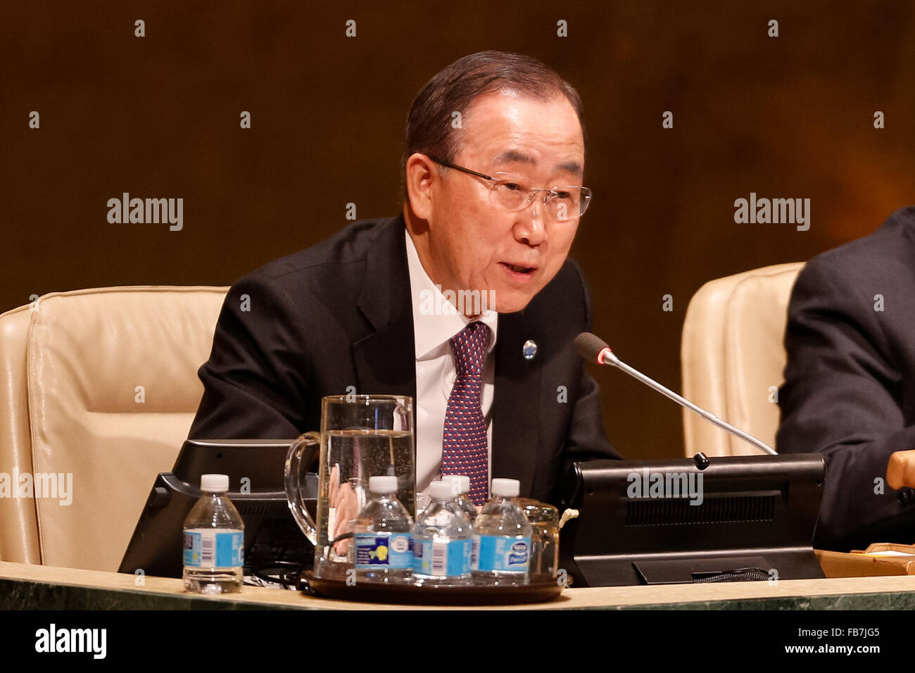 (160111) -- UNITED NATIONS, Jan. 11, 2016 (Xinhua) -- The United Nations Secretary-General Ban Ki-moon speaks during a meeting to commemorate the 70th anniversary of the first General Assembly meeting, which was held in 1946 in London, at the United Nations headquarters in New York, Jan. 11, 2016. 70 years ago, on Jan. 10, 51 nations came together at Westminster Central Hall in London for the meeting after the UN Charter, the foundational treaty of the organization, was signed in San Francisco in 1945. (Xinhua/Li Muzi) Stock Photo