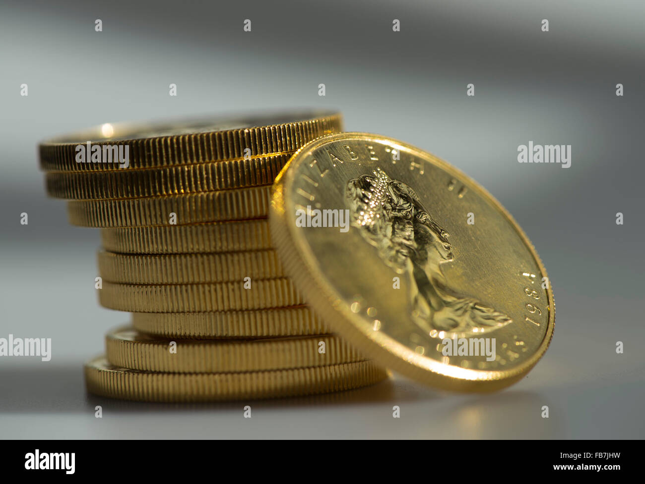 Eugene, Oregon, USA. 11th Jan, 2016. One-ounce Canadian gold Maple Leaf coins are displayed at a coin dealer's shop in Eugene. World gold prices are currently at a near five year low selling for about $1095 per ounce. In 2011 gold was selling for over $1800 per ounce. © Robin Loznak/ZUMA Wire/Alamy Live News Stock Photo