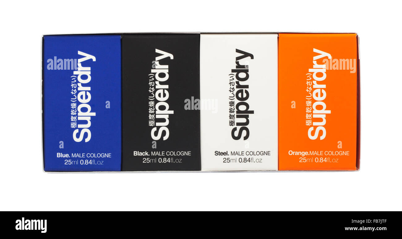 Four Bottles of Superdry Male Cologne on a White Background Stock Photo -  Alamy
