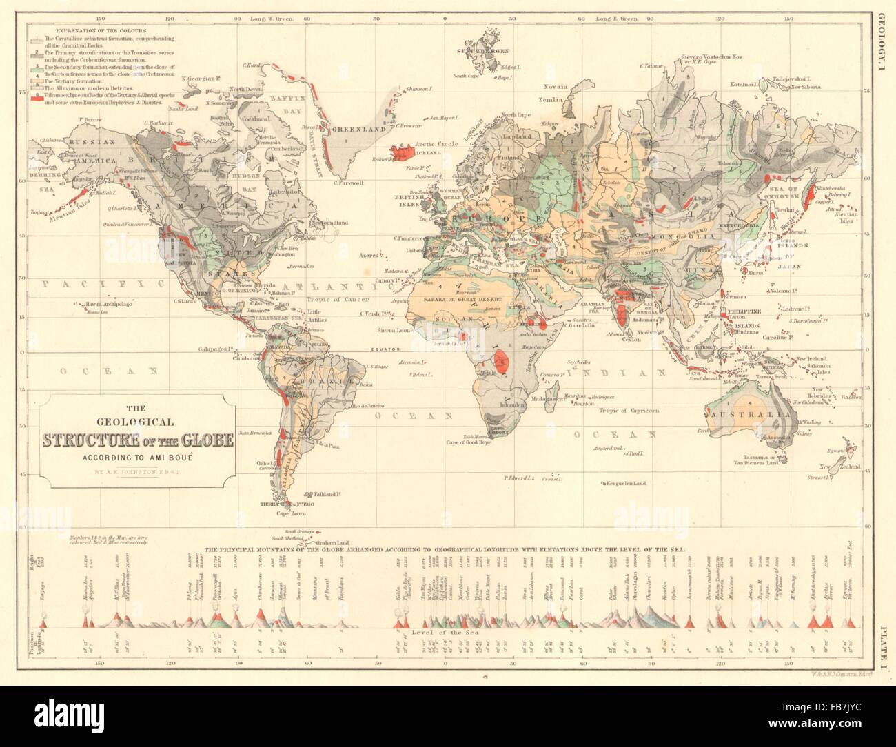 WORLD: Geological structure according to Ami Boue.Principal mountains, 1850 map Stock Photo
