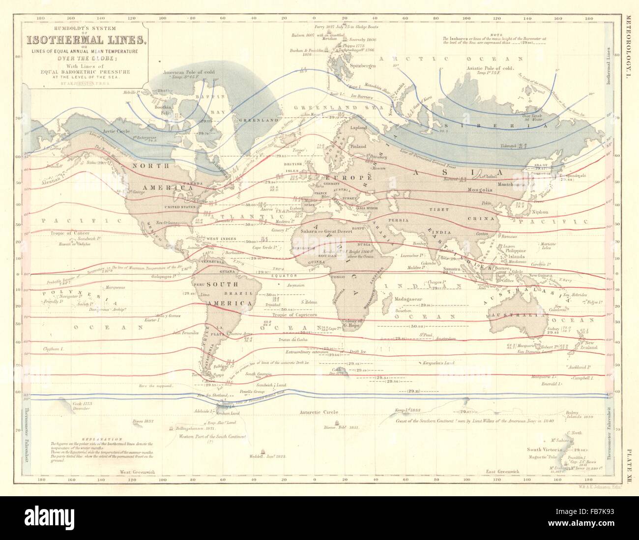 WORLD: Humboldt's isothermal lines (equal annual mean temperature), 1850 map Stock Photo