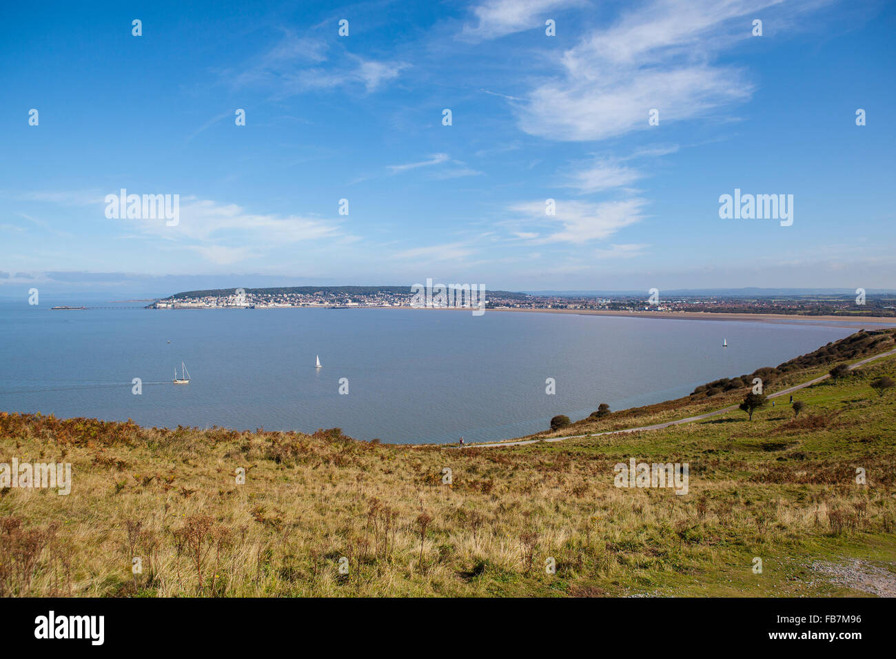 View from Brean Down over Weston Bay at high tide towards Weston-super-Mare. Somerset. England. UK Stock Photo