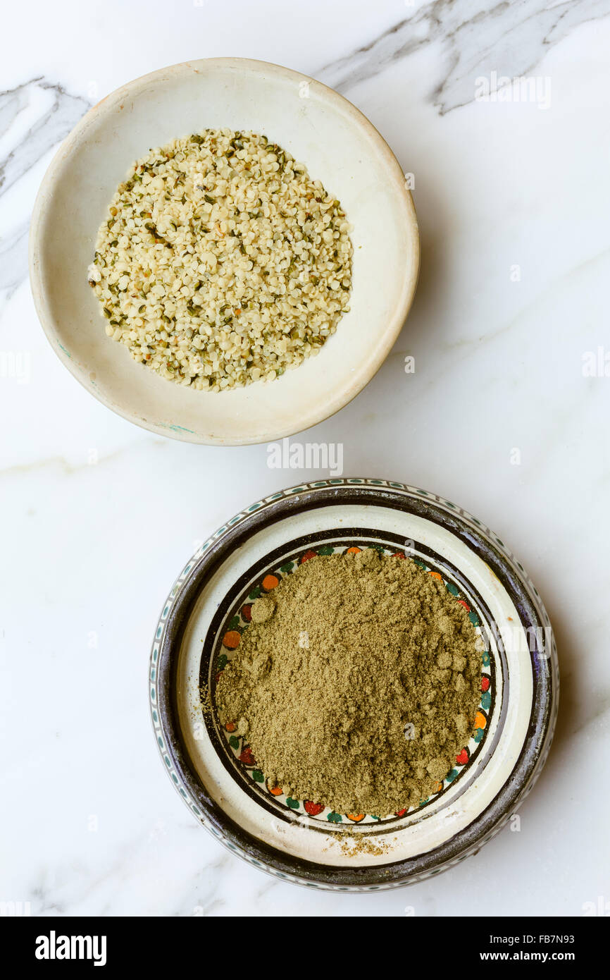 Bowls of proteinrich hemp seeds and powder Stock Photo Alamy