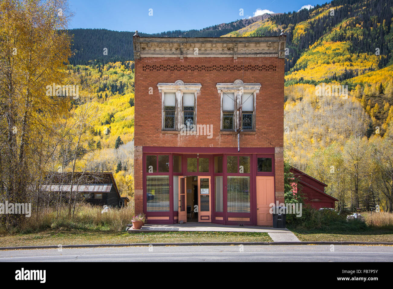 Victorian building with fall colors in mountainous Rico, Colorado Stock