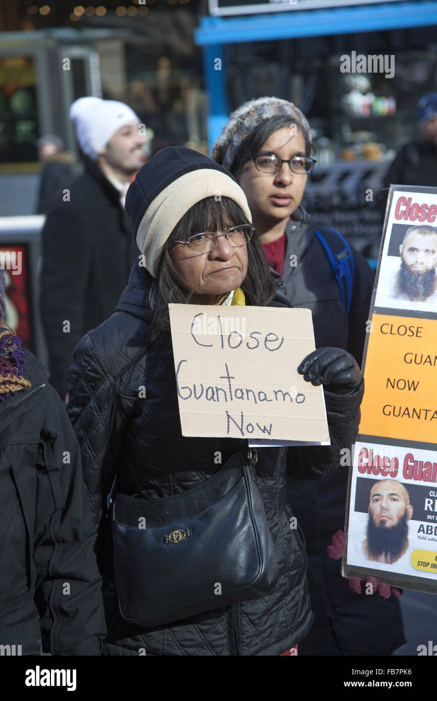 New York, USA. 11th January, 2016. Protesters demand the final closure of the Guantanamo Prison at Guantanamo Bay, Cuba with its torture tactics and illegal incarceration of men uncharged and untried for years now. Seven years ago Pres.Obama promised to close the prison within one year. There are still 105 men being held. Credit:  David Grossman/Alamy Live News Stock Photo