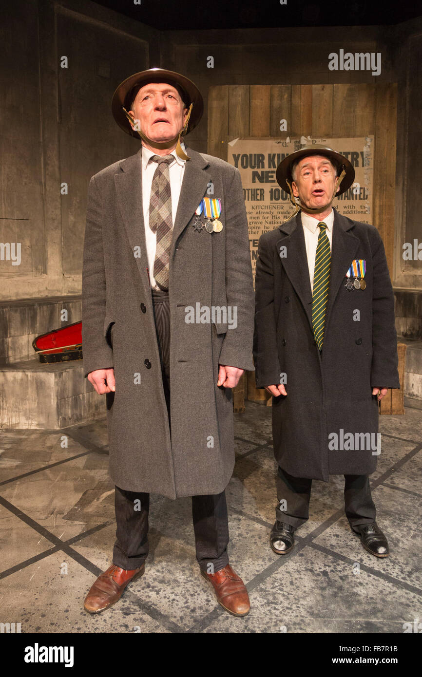 London, UK. 11 January 2016. L-R: Gareth Williams and David Brett. Stony Broke in No Man’s Land, a play written and directed by playwright John Burrows, returns to The Finborough Theatre for a season from 10 to 26 January 2016. The cast are David Brett and Gareth Willams, two of the original members of  ‘The Flying Pickets’. Stock Photo