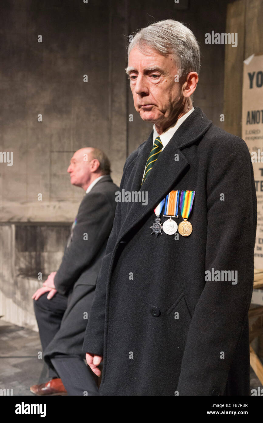 London, UK. 11 January 2016. L-R: Gareth Williams and David Brett. Stony Broke in No Man’s Land, a play written and directed by playwright John Burrows, returns to The Finborough Theatre for a season from 10 to 26 January 2016. The cast are David Brett and Gareth Willams, two of the original members of  ‘The Flying Pickets’. Stock Photo