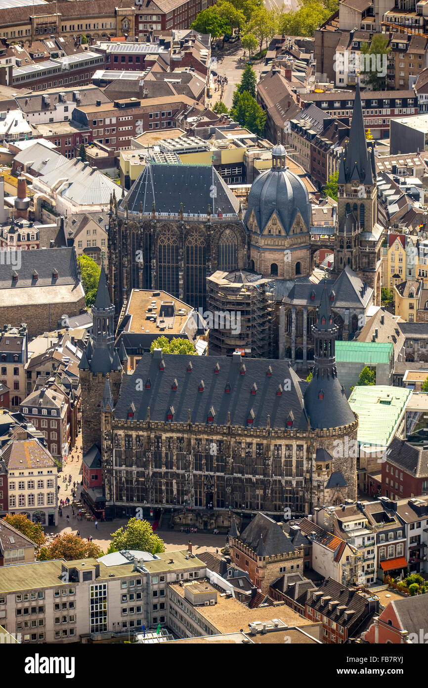 Aerial view, Aachen Cathedral and Aachen City Hall, overlooking the central Aachen, Aachen, Meuse-Rhine Euroregion, Stock Photo