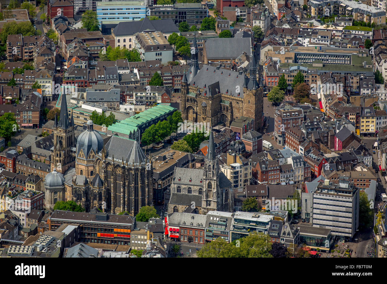 Aerial view, Aachen Cathedral and Aachen City Hall, overlooking the ...