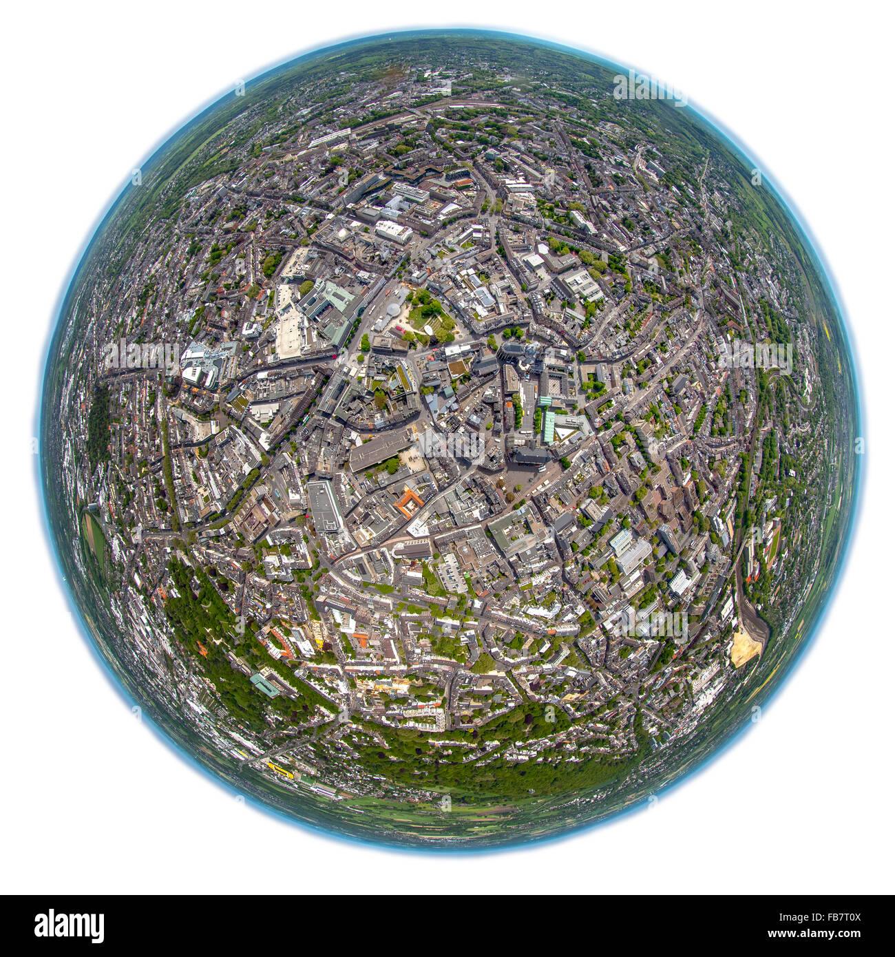 Aerial view, fisheye images from the center of Aachen, fisheye lens, panoramic, Aachen Cathedral and Aachen City Hall, Stock Photo