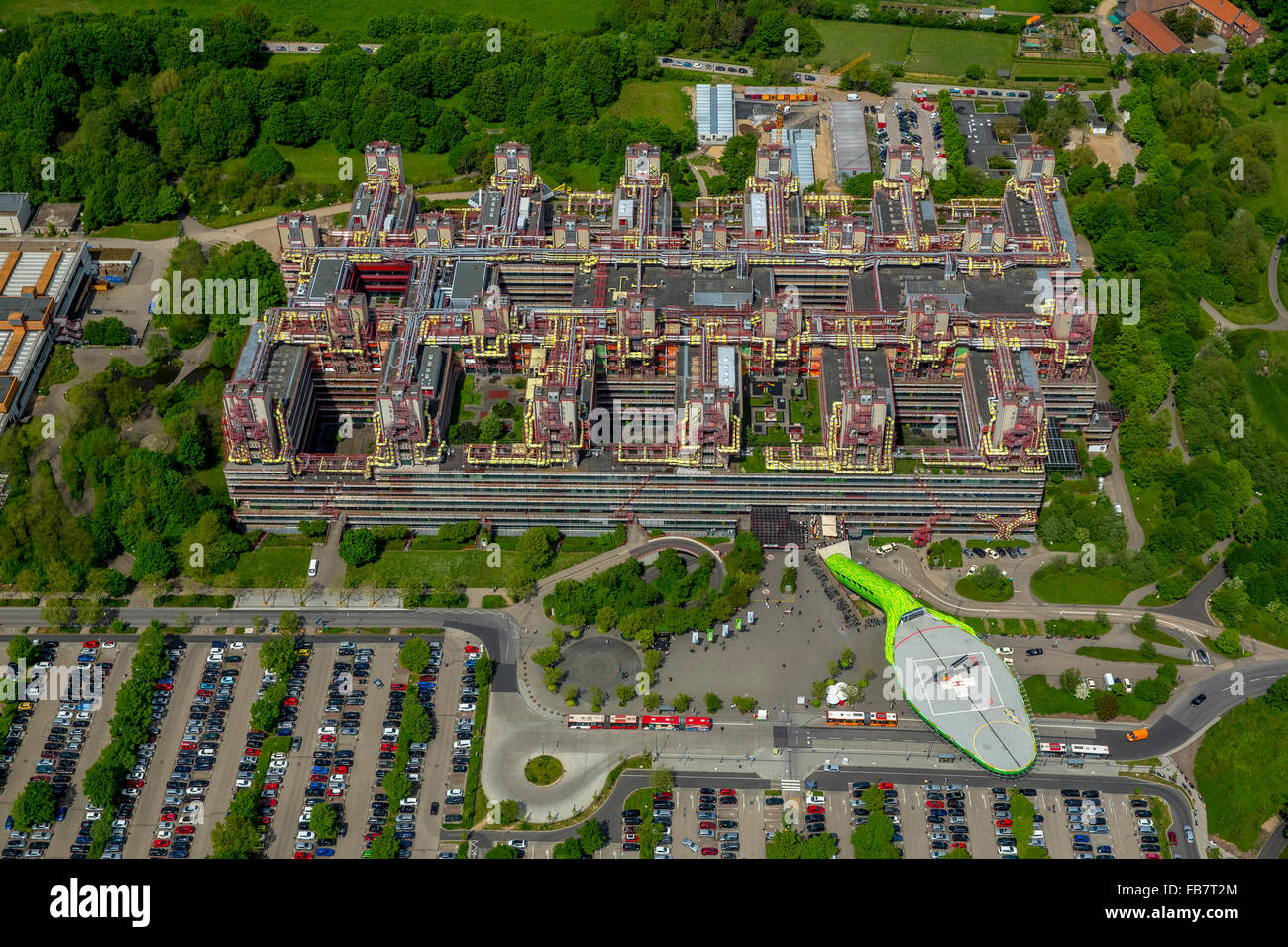 Aerial view, University Hospital RWTH Aachen, University Hospital Aachen with helipad, extravagant helipad with SAR helicopter, Stock Photo