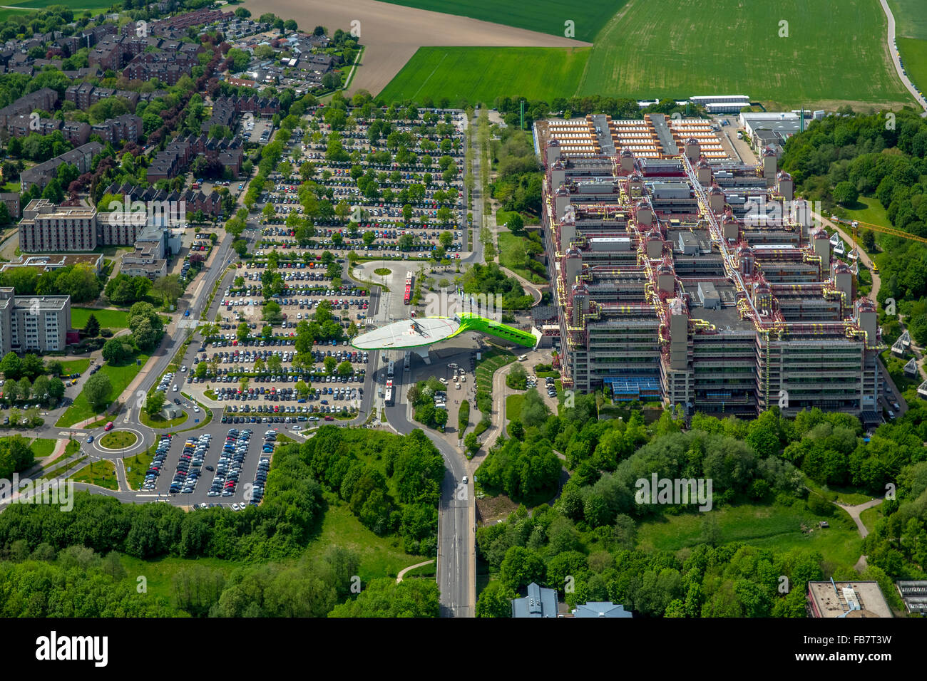 Aerial view, University Hospital RWTH Aachen, University Hospital Aachen with helipad, extravagant helipad with SAR helicopter, Stock Photo