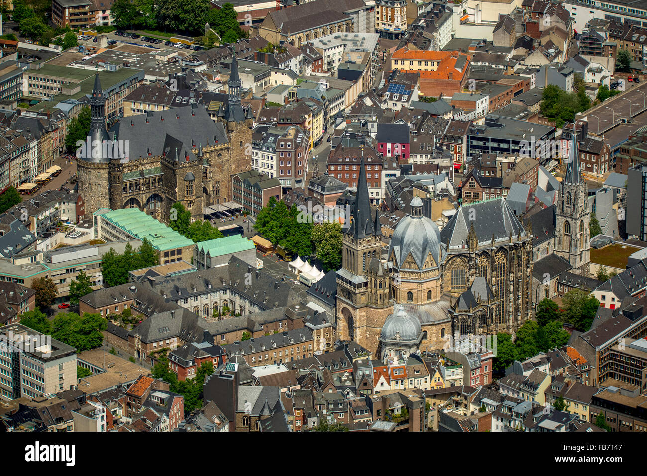 Aerial view, Aachen Cathedral and Aachen City Hall, overlooking the