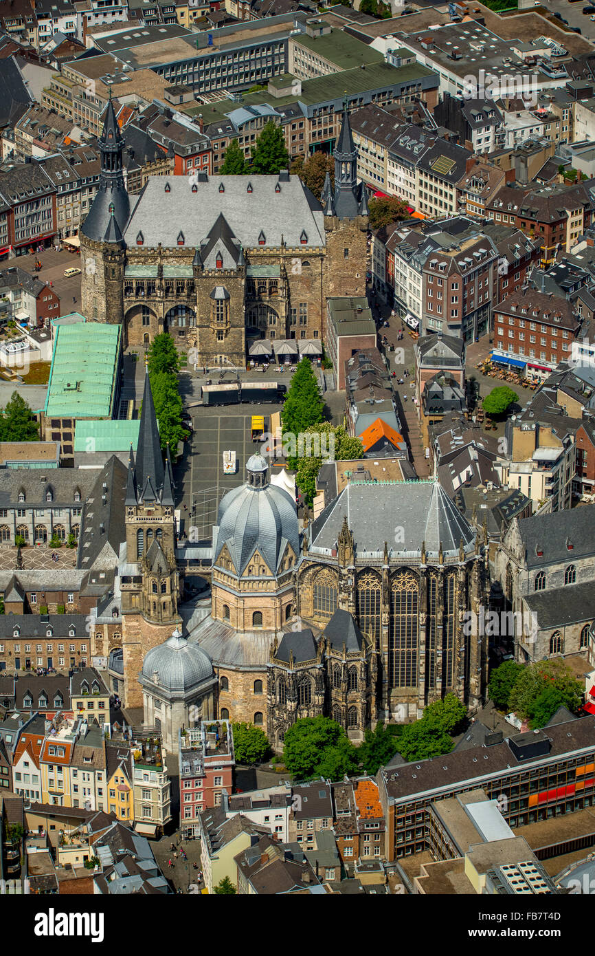 Aerial view, Aachen Cathedral and Aachen City Hall, overlooking the