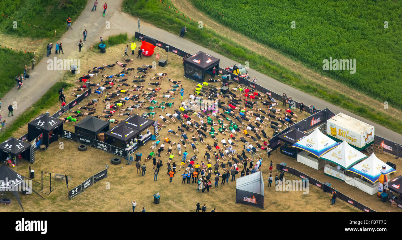 Aerial view, Extreme Sports, Warming Up, warm-up, Tough Mudder - the ultimate mudslinging in Sauerland, near Castle Herdringen, Stock Photo
