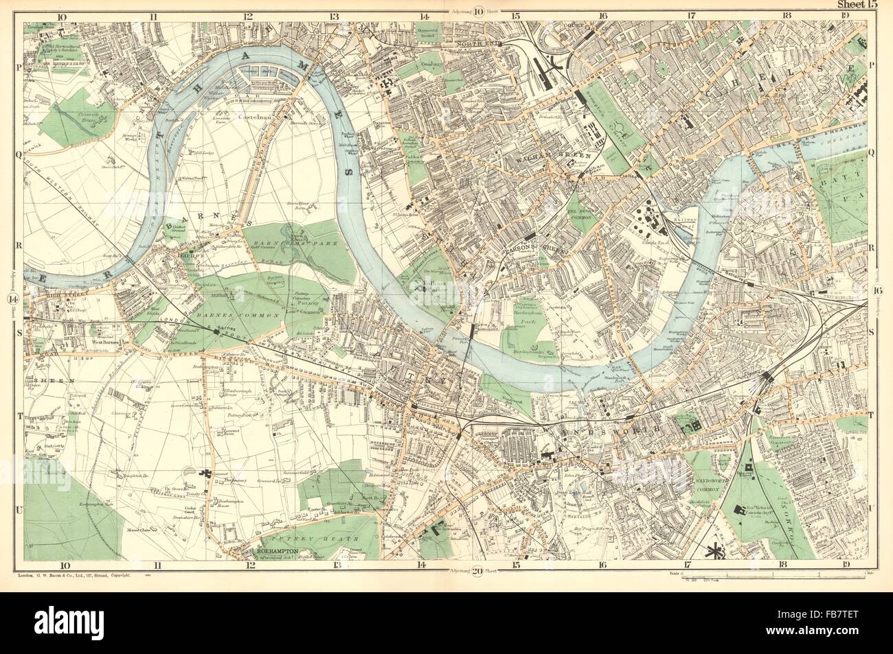 LONDON:Chiswick,Barnes,Fulham,Chelsea,Putney,Wandsworth,Clapham.BACON, 1902 map Stock Photo