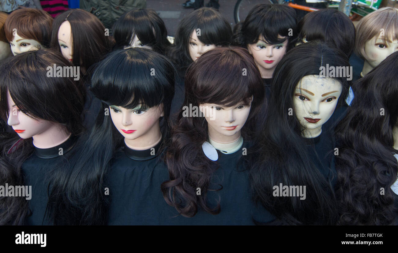 wigs for sale    Ridley Road Dalston Market. Stock Photo