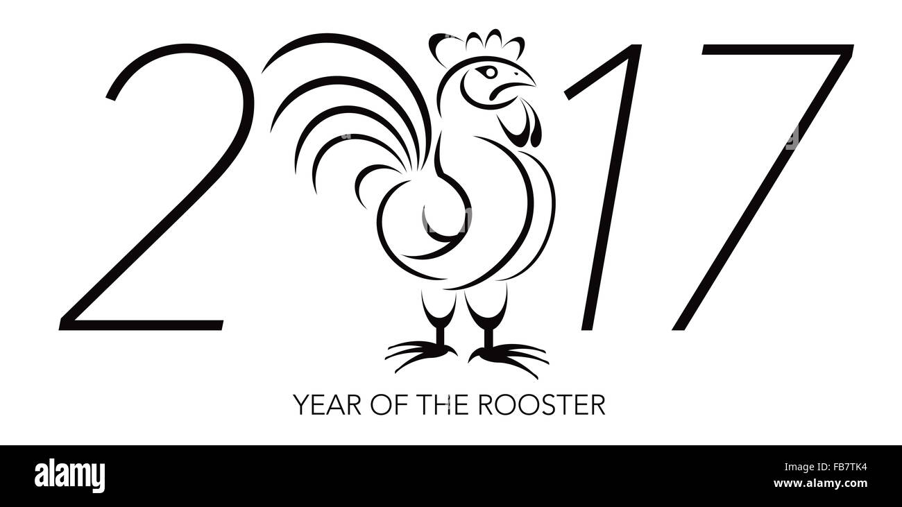 Chinese Lunar New Year of the Rooster Black and White Line Art with 2017 Numerals Illustration Stock Photo