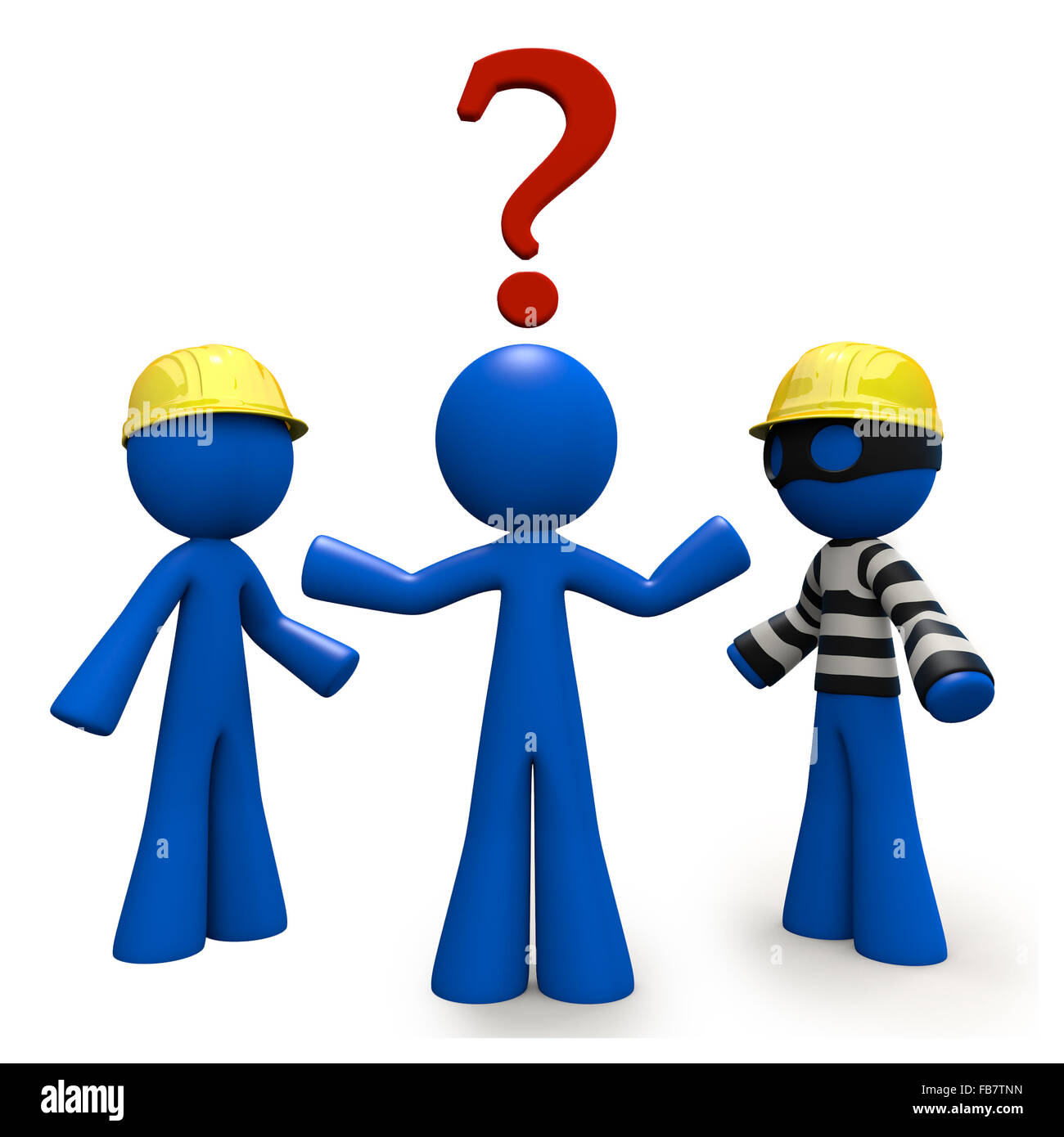 Which contractor? A 3d blue man wonders which contractor he will use for the job. One contractor is a thief. Stock Photo