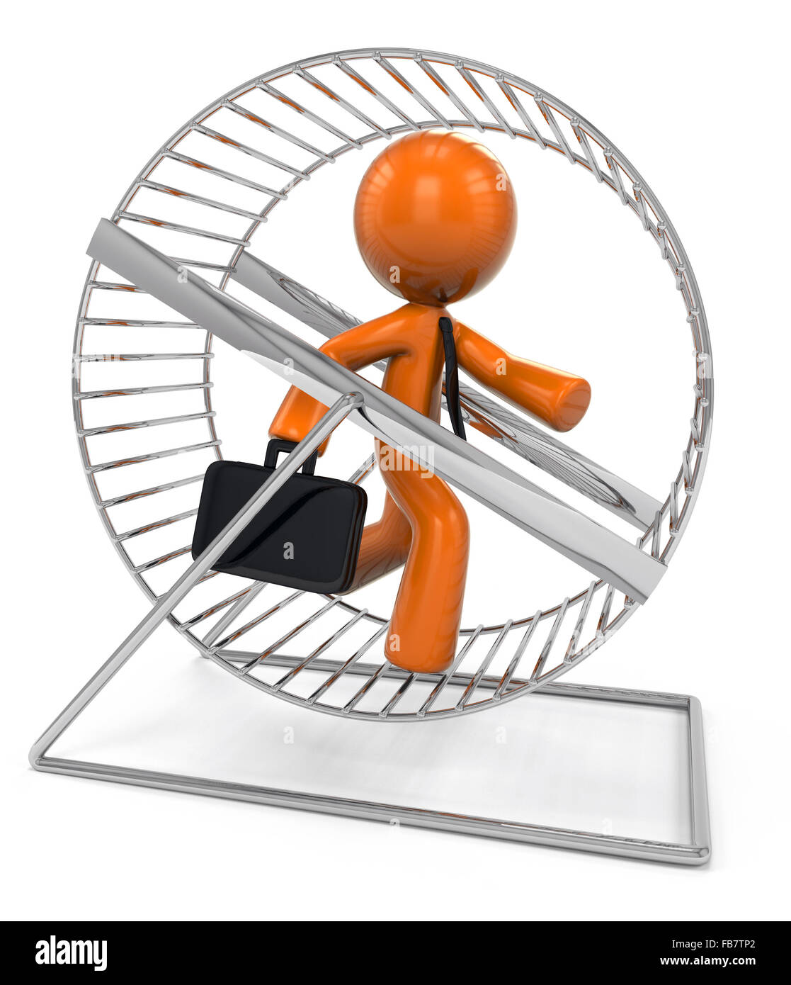 A 3d orange man running in a hamster wheel illustrating the 'going nowhere fast' of the modern business world, otherwise known a. Stock Photo