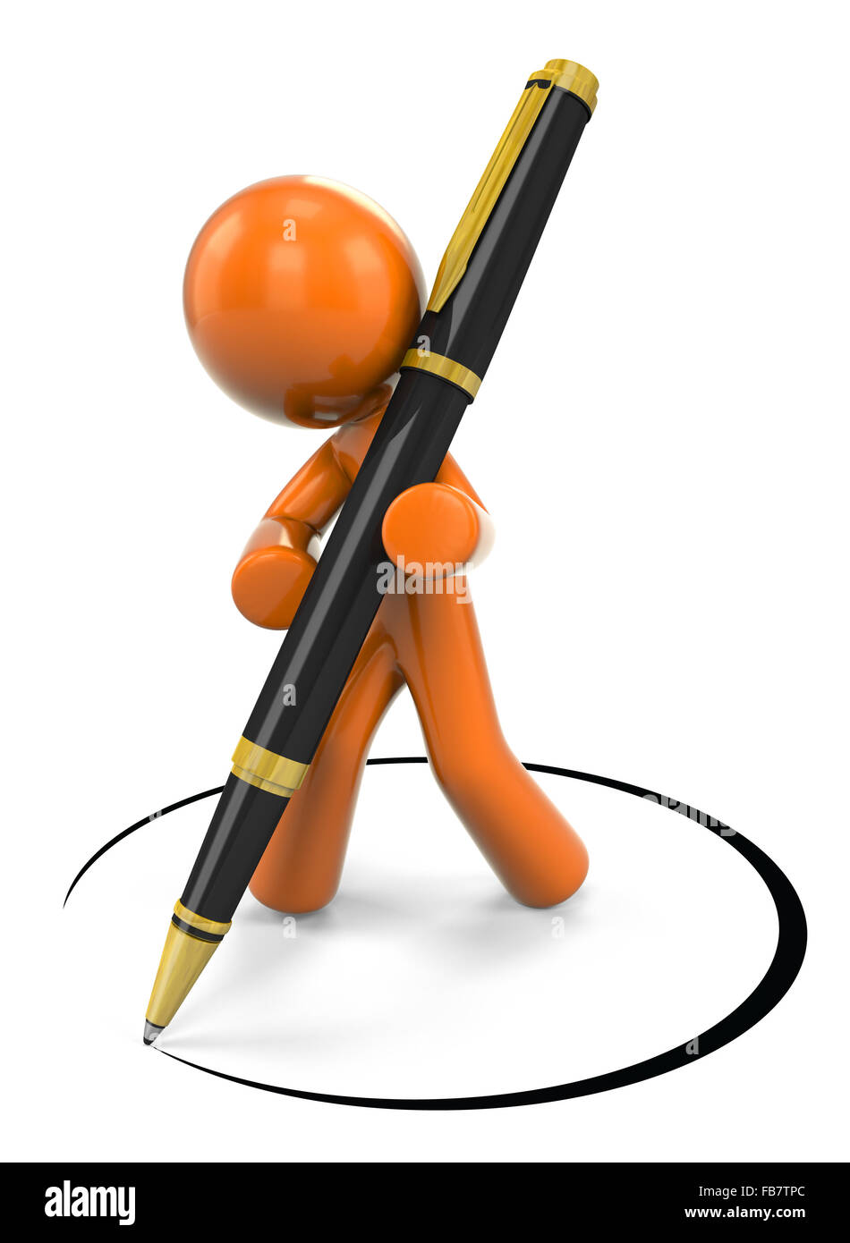 3d orange man designing/writing with ball point pen;. Stock Photo