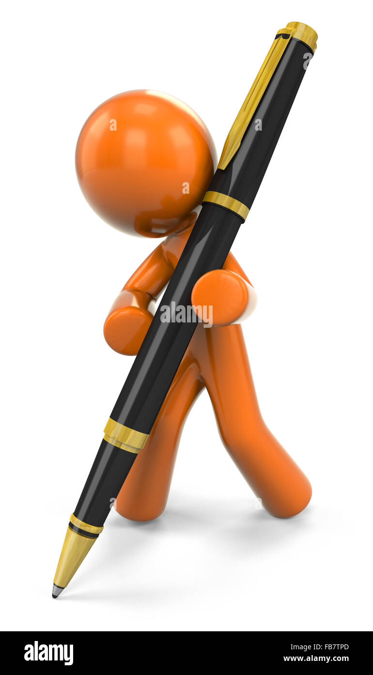 3d orange man writing with a ball point pen;. Stock Photo