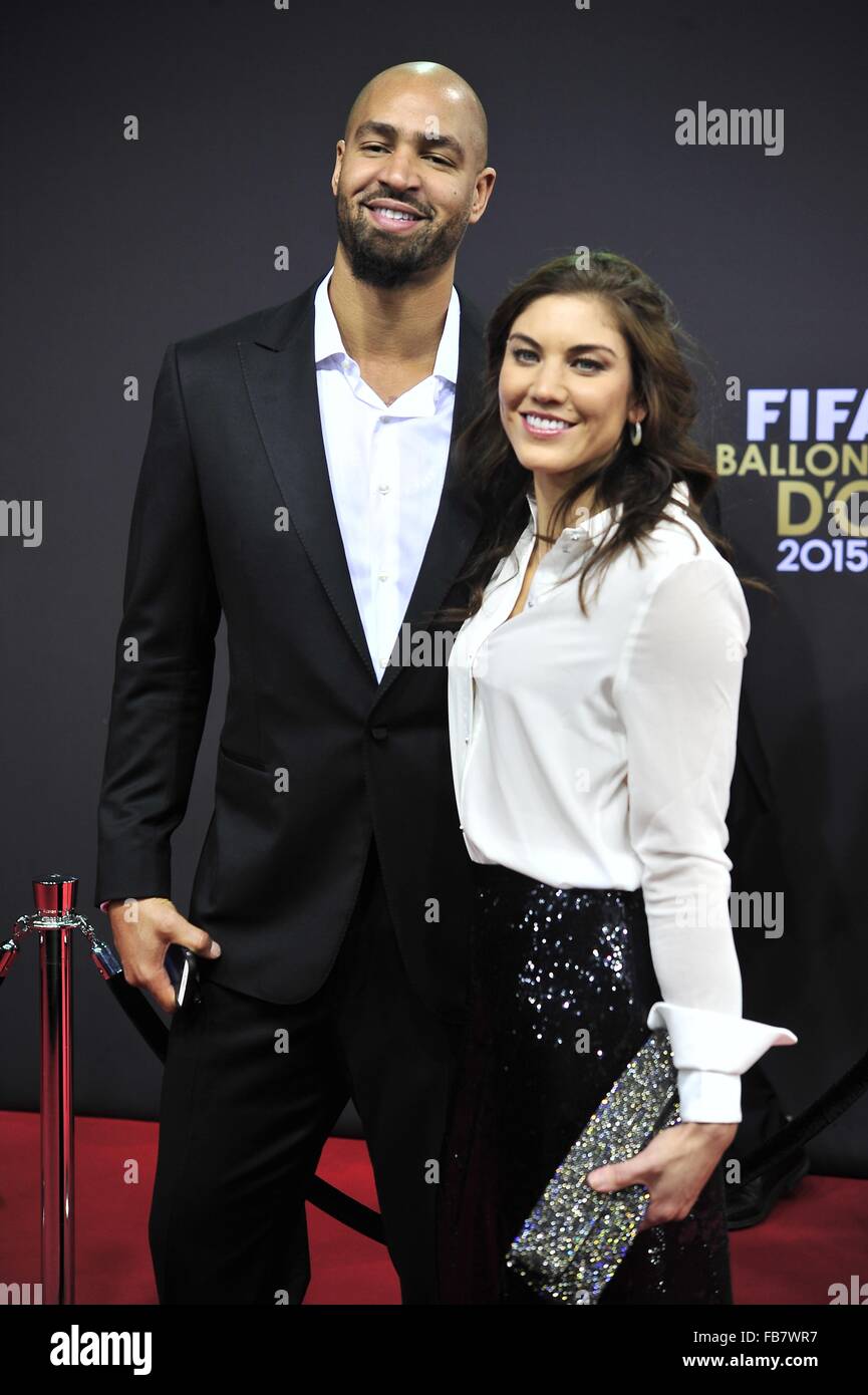 Zurich, Switzerland. 11th Jan, 2016. HOPE SOLO and husband JERRAMY STEVENS poses for photos on the red carpet during arrivals for the 2015 FIFA Ballon DOR Gala at Kongresshaus in Zurich. Credit:  Marcio Machado/ZUMA Wire/Alamy Live News Stock Photo