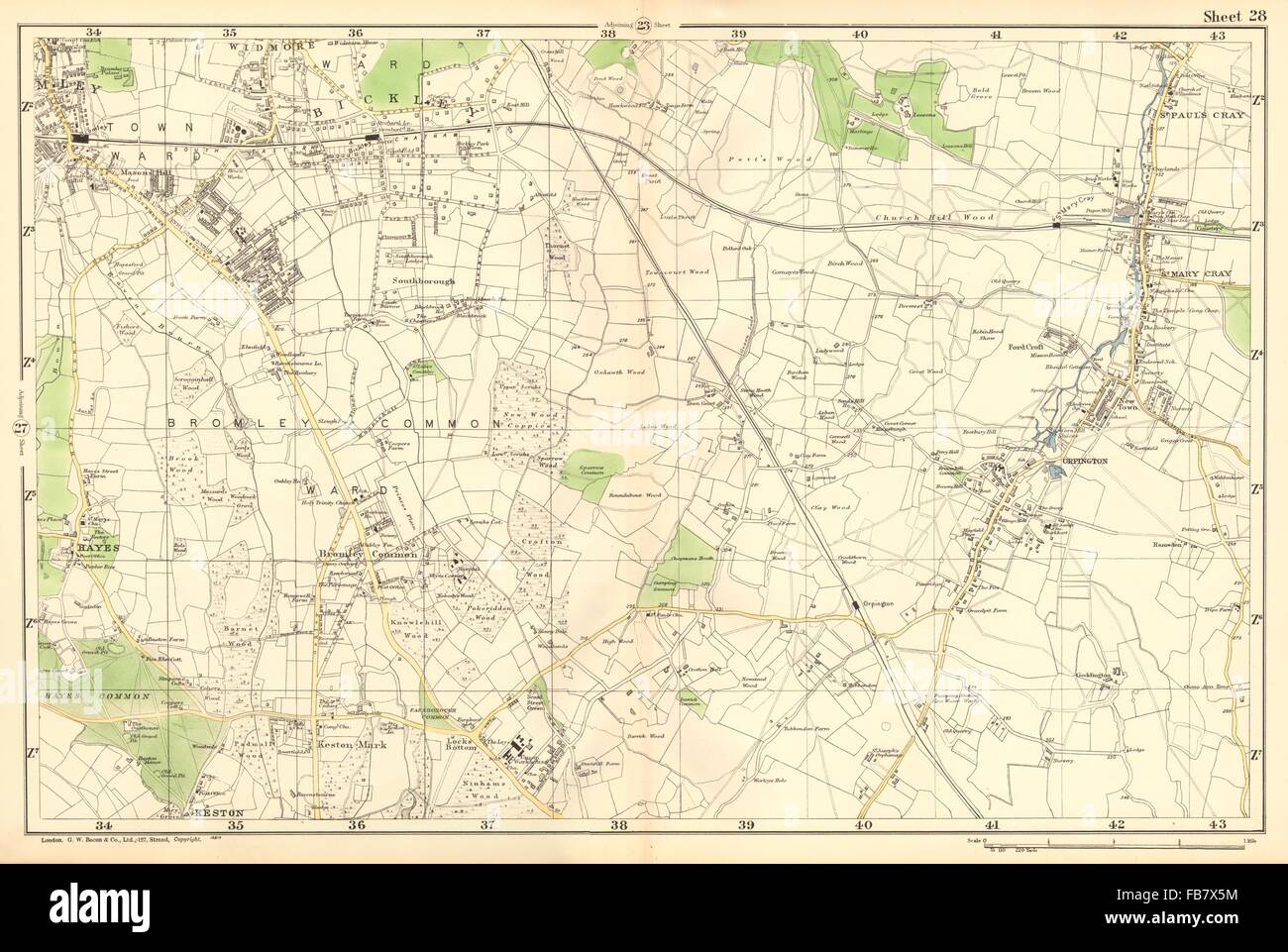 BROMLEY & ORPINGTON:Hayes,Petts Wood,Keston,St Paul's Mary Cray.BACON, 1902 map Stock Photo