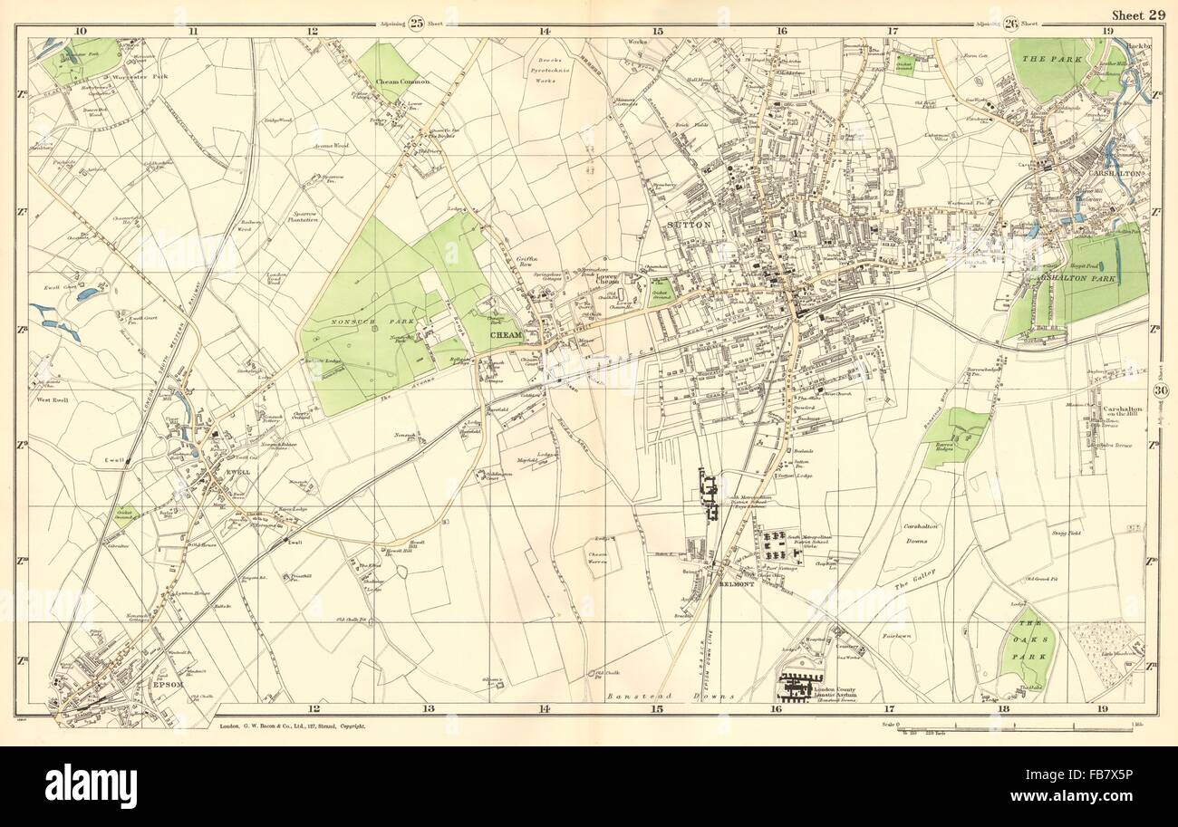 SUTTON: Cheam,Epsom,Belmont,Carshalton,Ewell,Banstead Downs.BACON, 1902 map Stock Photo