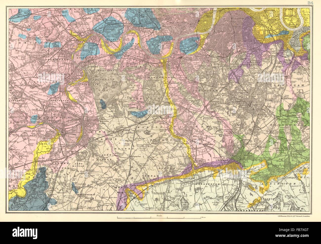 SW LONDON GEOLOGICAL: K&C Fulham Surrey Richmond Wandsworth &c. BACON, 1902 map Stock Photo