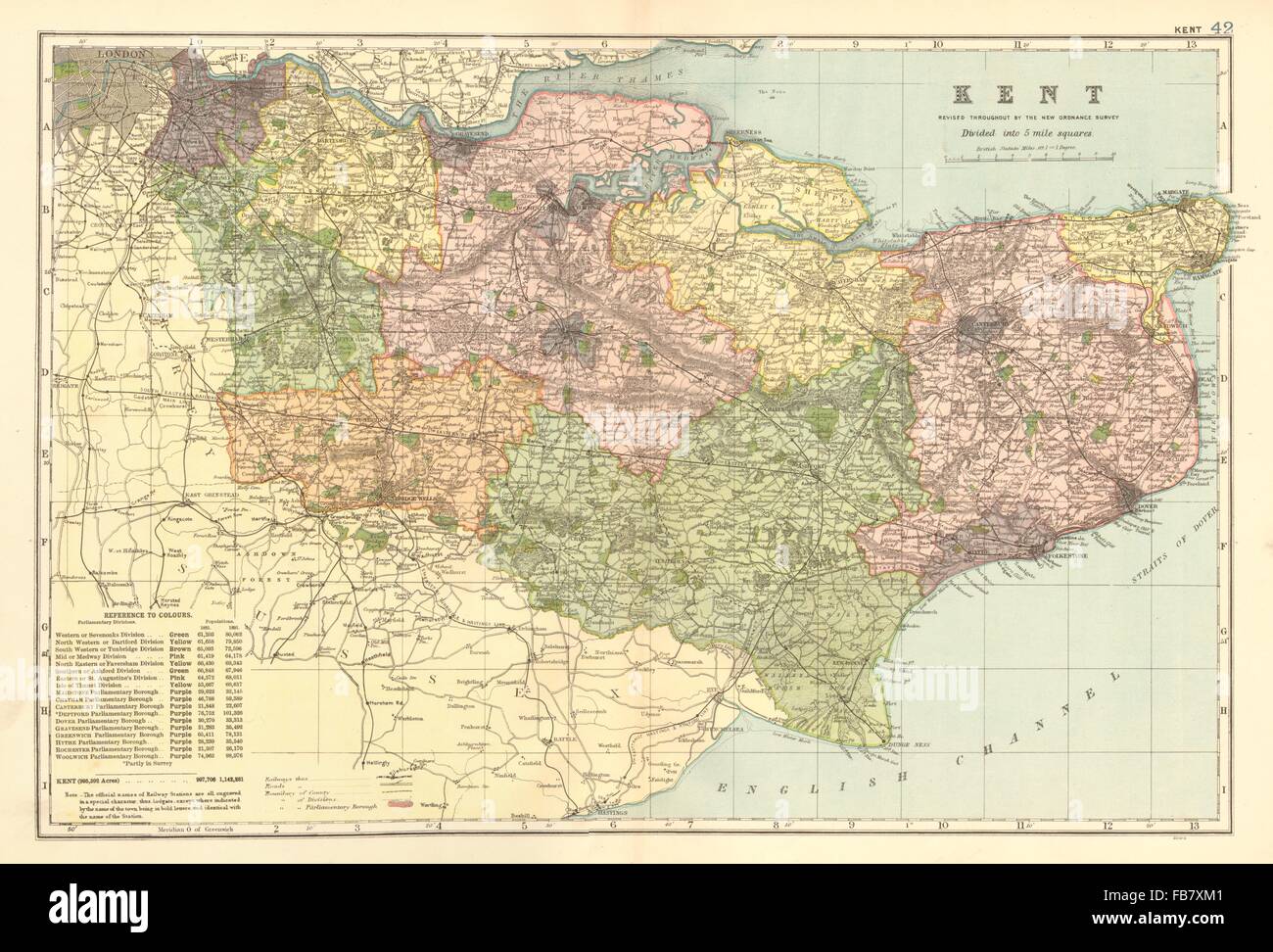 KENT: County map. Parliamentary constituencies divisions. Railways. BACON 1902 Stock Photo