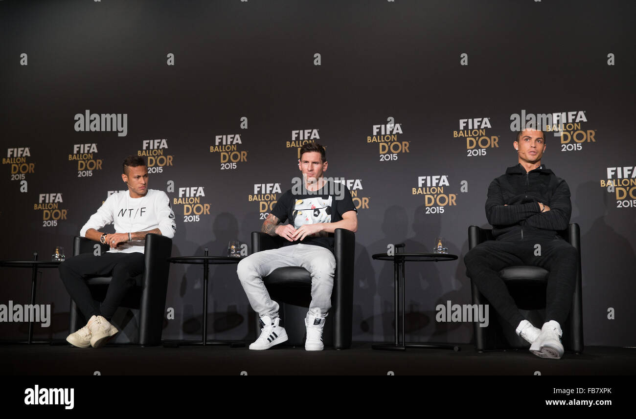 Zurich, Switzerland. 11th Jan, 2016. The nominees for the 2015 FIFA World Player of the Year (L-R) FC Barcelona's Neymar of Brazil, his team mate Lionel Messi of Argentina and Real Madrid's Cristiano Ronaldo of Portugal, attend a news conference prior to the Ballon d'Or 2015 awards ceremony in Zurich, Switzerland, on Jan. 11, 2016. © Xu Jinquan/Xinhua/Alamy Live News Stock Photo
