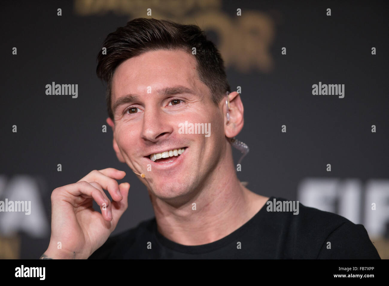 Zurich, Switzerland. 11th Jan, 2016. Nominee for the 2015 FIFA World Player of the Year FC Barcelona's Lionel Messi of Argentina attends a news conference prior to the Ballon d'Or 2015 awards ceremony in Zurich, Switzerland, on Jan. 11, 2016. © Xu Jinquan/Xinhua/Alamy Live News Stock Photo