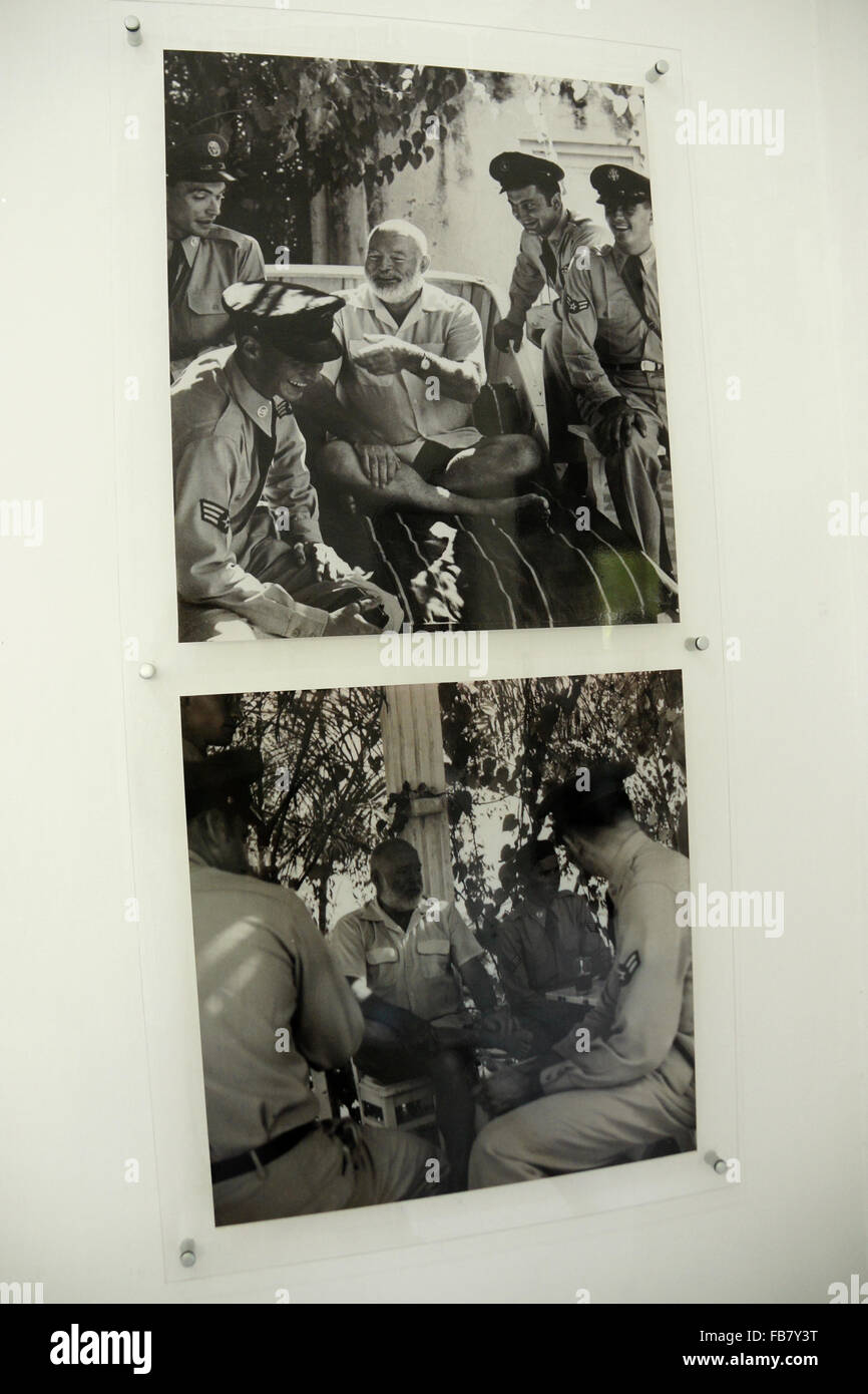 Historic photographs on display at Ernest Hemingway's Finca Vigia, San Francisco de Paula, Cuba Stock Photo