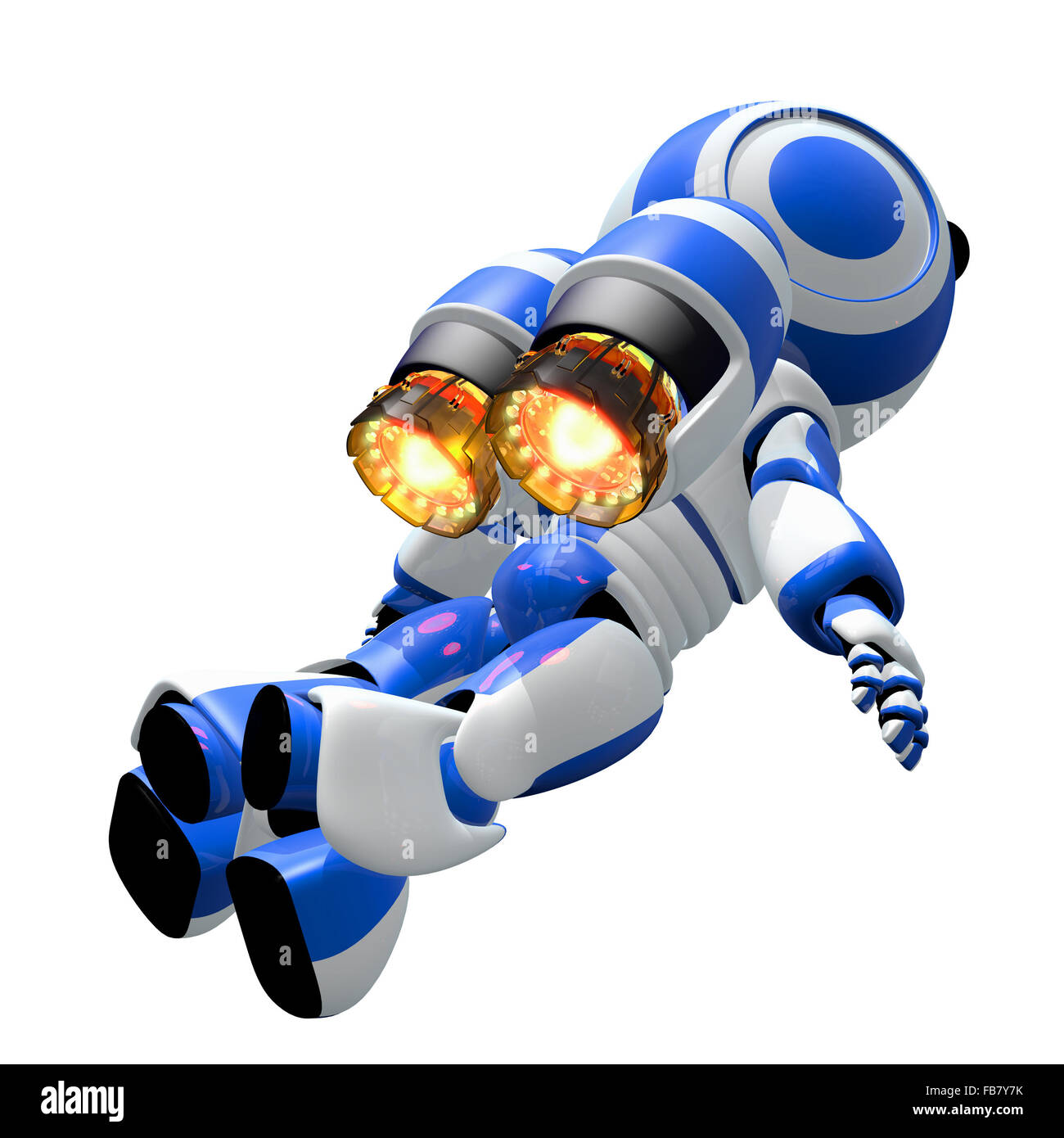 Robot rocketeer flying toward the heavens with burning ignited jets. Inspirational image of discovery. Stock Photo