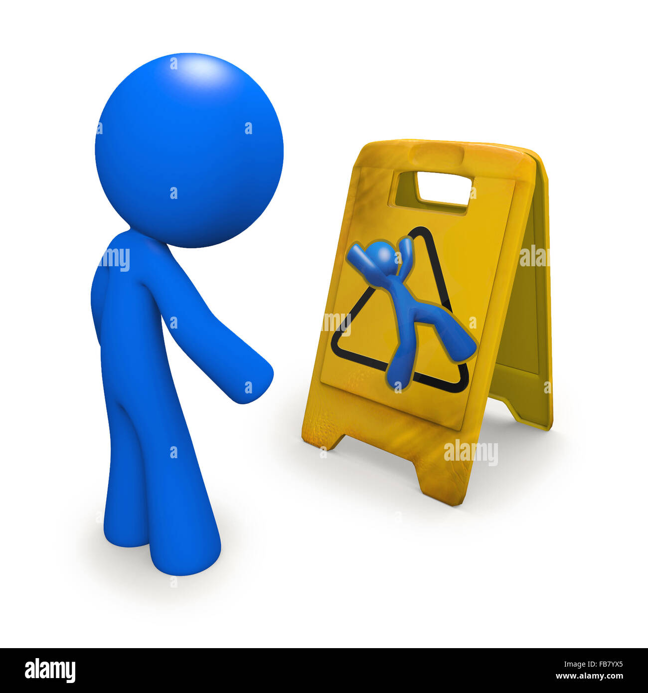3d man looking at danger warning sign (generally recognized as 'wet floor') and heeding the warning. Stock Photo