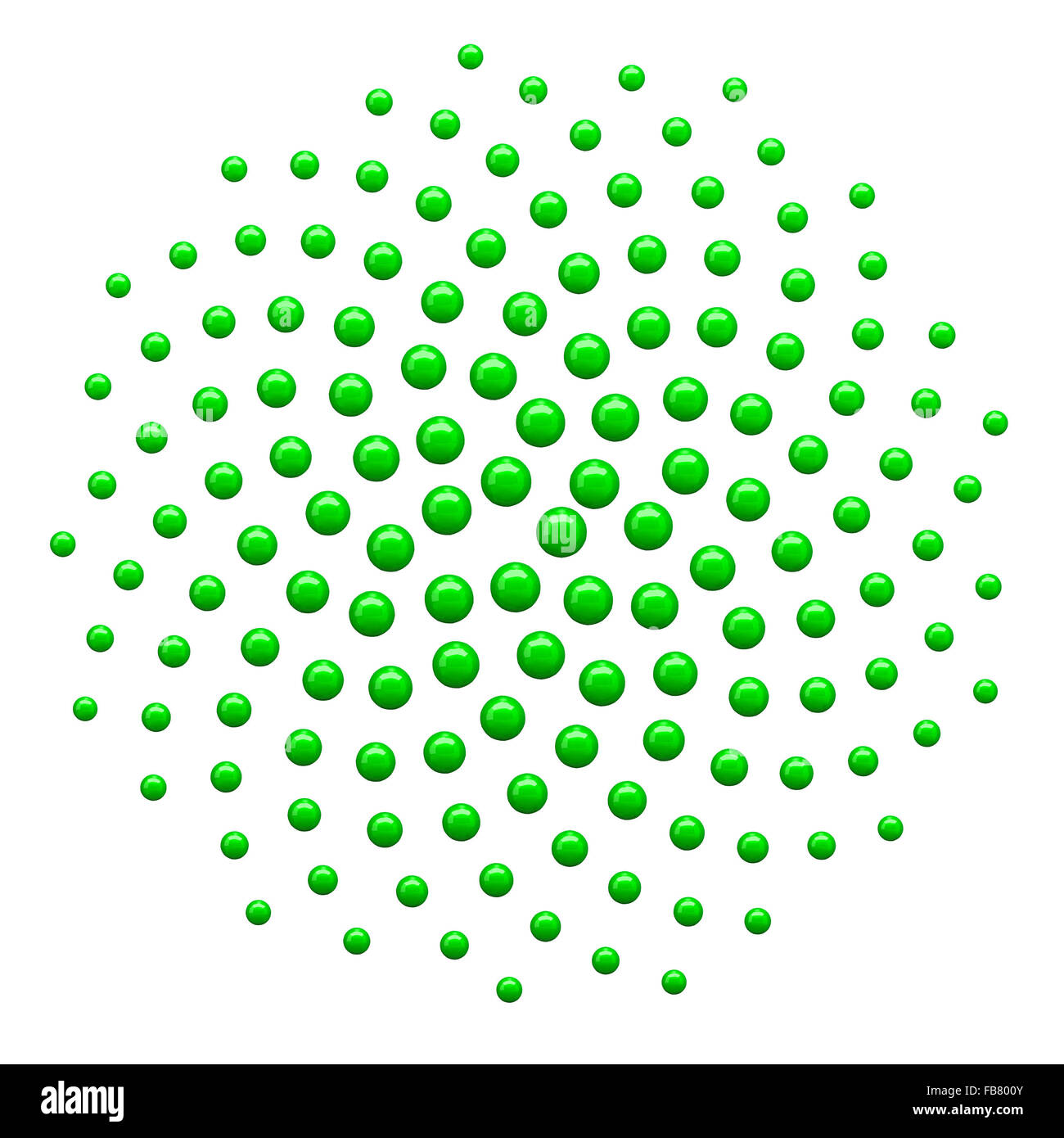 Royalty free clipart illustration of a 3d green spiral fibonacci mathematics dot pattern, on a white background. Stock Photo
