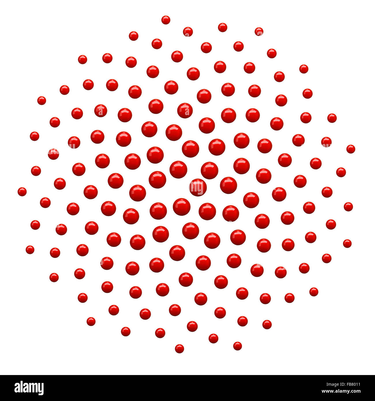 Royalty free clipart illustration of a 3d red spiral fibonacci mathematics dot pattern, on a white background. Stock Photo